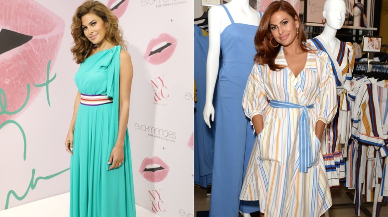 Eva Mendes wearing a aqua dress with an asymmetrical neckline in 2017 on the left and wearing a striped wrap dress in 2019 on the right.