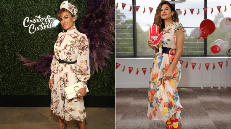 Eva Mendes wearing a floral dress with a matching head scarf and black belt in 2020 on the left and in a flowy floral dress in 2022 on the right.