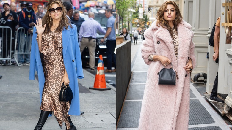 Eva Mendes in a silky leopard-print dress with a blue coat on the left and wearing a long, fluffy pink coat on the right.