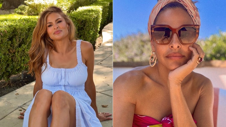 Eva Mendes wearing a casual blue dress on the left and posing with large sunglasses, a head scarf, and gold earrings on the right.
