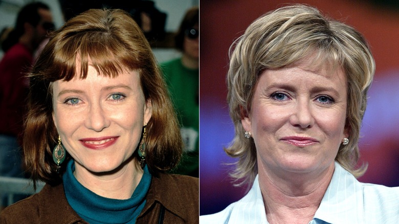 Eve Plumb is seen with brunette hair and choppy bangs in a 1994 photo, side-by-side with a 2004 photo of her with a layered blonde mullet.