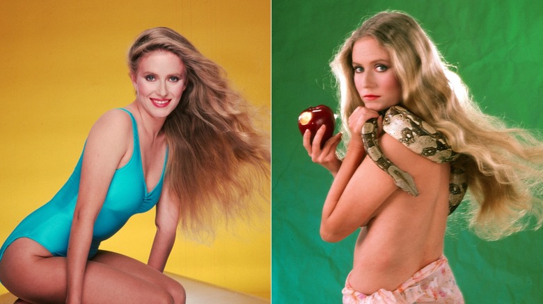 Eve Plumb wearing a swimsuit in 1982 side-by-side with a risqué portrait from an Adam and Eve-themed photoshoot