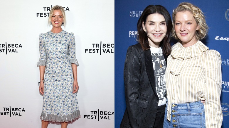 Side-by-side of Gretchen Mol in a floral dress and in a ruffled blouse with Julianna Margulies