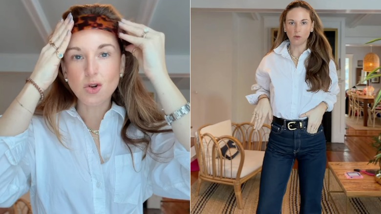 A woman trying on a tortoiseshell headband with jeans and a white shirt