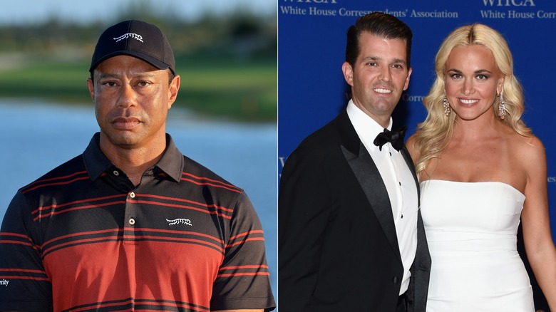Tiger Woods stands outside and Donald Trump Jr and Vanessa Trump pose with each other at a red carpet event