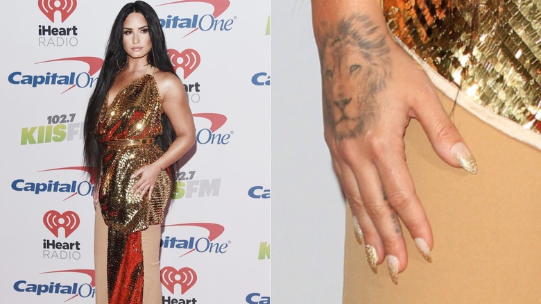 Side by side: Demi Lovato with ombré gold glitter nails at the 2017 102.7 KIIS FM Jingle Ball & a close-up to her nails