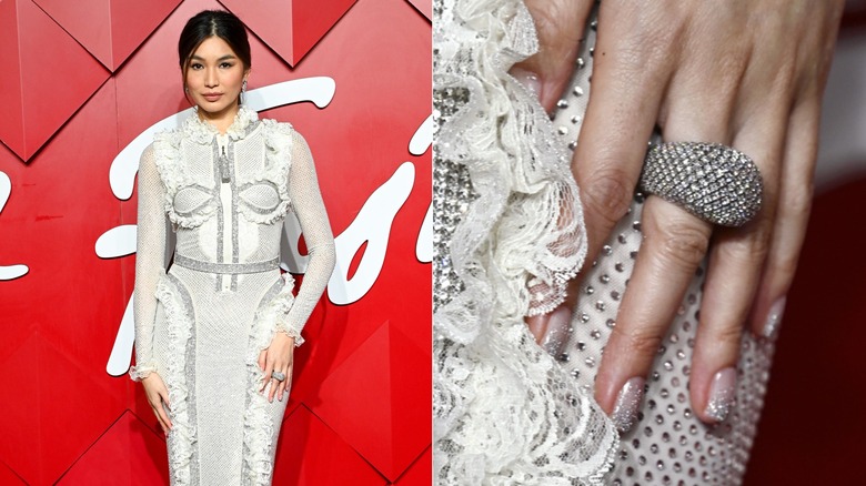 Side by side: Gemma Chan with silver glitter ombré nails at the 2024 Fashion Awards & a close-up to her nails
