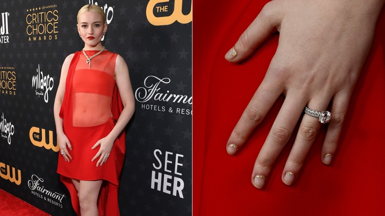 Side by side: Julia Garner with gold glitter on the base of her nails at the 2023 Critics Choice Awards & a close-up to her nails