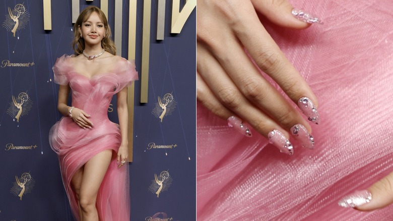Side by side: Lisa with pink glitter nails with rhinestones at the 2025 Primetime Emmy Awards & a close-up to her nails