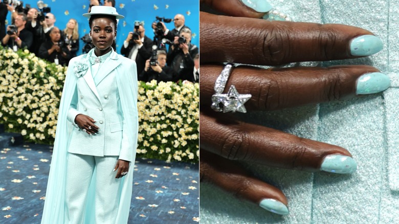 Side by side: Lupita Nyong'o with mint green glitter nails at the 2025 Met Gala & a close-up to her nails