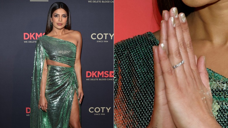 Side by side: Priyanka Chopra with champagne glitter nails at the 2023 DKMS Gala & a close-up to her nails