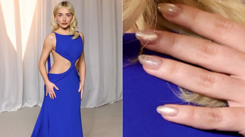 Side by side: Sabrina Carpenter with soft glitter nails at the 2026 Academy Museum Gala & a close-up to her nails