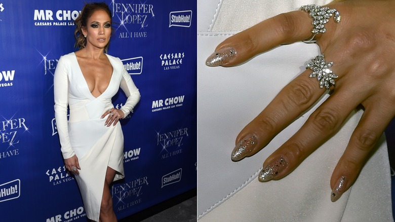 Side by side: Jennifer Lopez with glitter nails at a 2016 after-party for her Las Vegas residence & a close-up to her nails