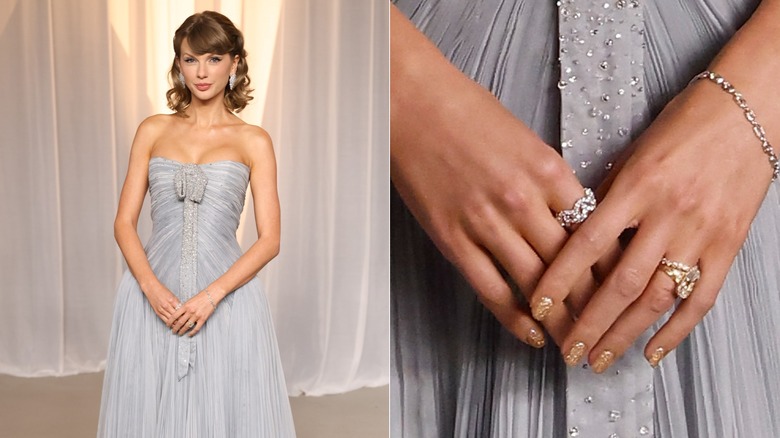 Side by side: Taylor Swift with gold glitter nails at the 2026 Academy Museum Gala & a close-up to her nails