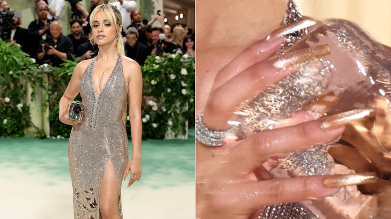 Side by side: Camila Cabello with long gold glitter nails at the 2024 Met Gala & a close-up to her nails
