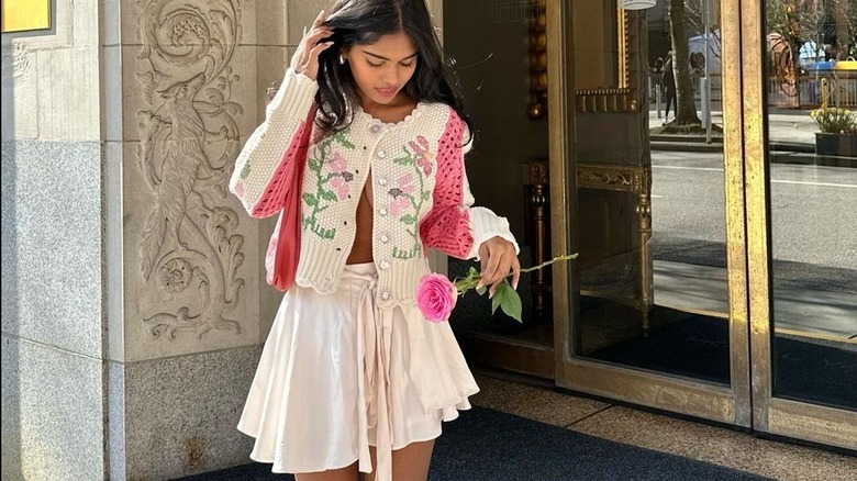 Knit floral cardigan and flowy skirt