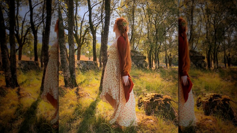 Long knit cardigan over a floral dress