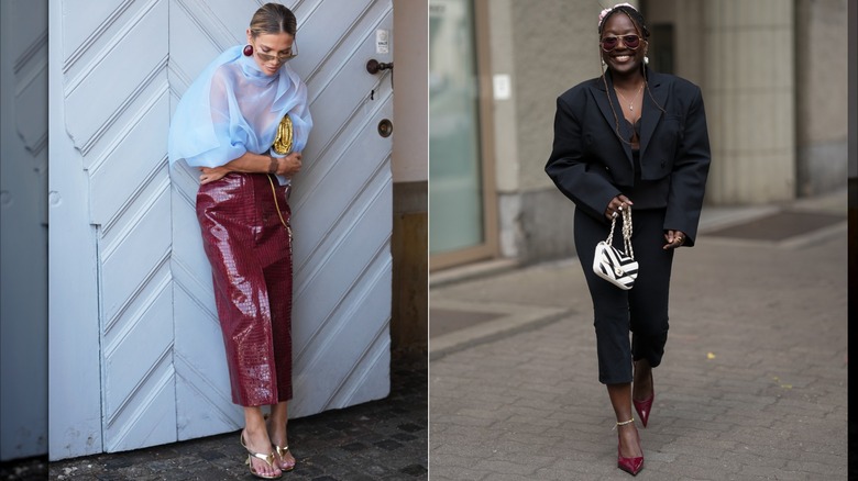 A guest wears a sheer light blue blouse and a burgundy croc-embossed patent leather skirt during Copenhagen Fashion Week in August 2026 / Lois Opoku wears a cropped black blazer and capri pants with burgundy pumps in Berlin in July 2026