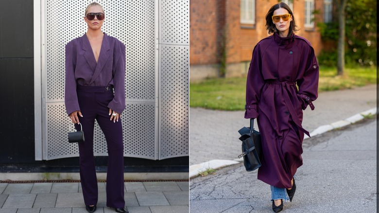 A guest wearing a purple wrap blouse and trousers during Copenhagen Fashion Week in August 2026 / A guest wears denim jeans and a purple trenchcoat during Copenhagen Fashion Week in August 2026
