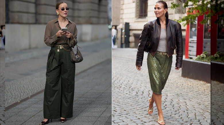 Tina Hasse wearing a khaki blouse and olive green cargo pants and gold accessories during Berlin Fashion Week in July 2026 / Janka Pollianii wears a dark brown leather bomber jacket over a gray top and an olive green sequin skirt during Oslo Runway Fashion Week in September 2026
