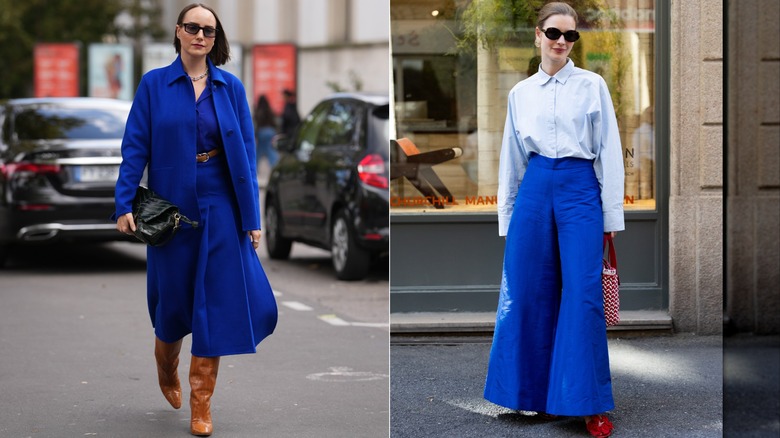A guest wears a cobalt blue top and matching midi skirt with a blue coat and camel boots during Paris Fashion Week in October 2025 / A guest wears a powder blue button-up shirt and cobalt blue wide-leg trousers during Milan Design Week in April 2026