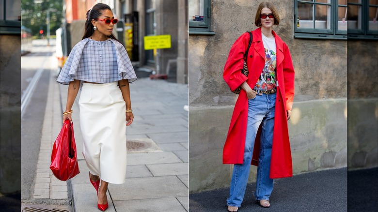 Krizza Elisabeth wears a tartan cropped cape, a cream midi skirt and red accessories during Oslo Runway Fashion Week in September 2026 / Marianne Theodorsen wears a graphic T-shirt, red trenchcoat, denim jeans, and animal print accessories during Oslo Fashion Week in September 2026