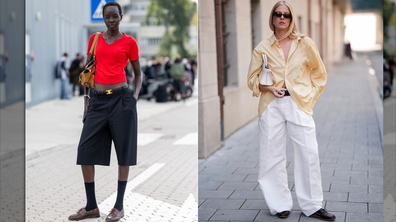 A model wears a red T-shirt, bermuda shorts and brown leather boat shoes with tall socks / Lea Rohe wears a pale yellow button-up shirt, white wide-leg pants and dark brown leather boat shoes