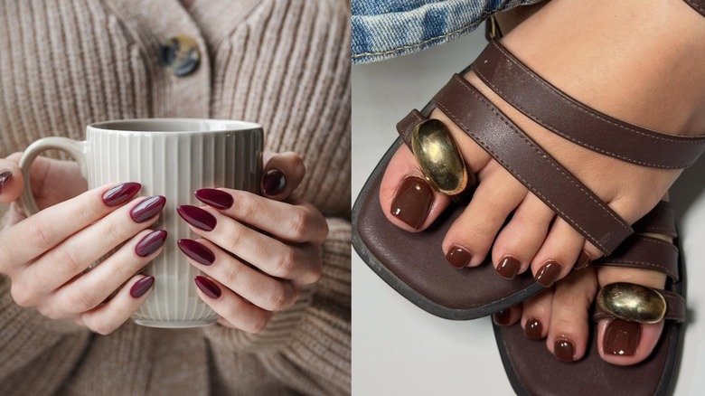A burgundy manicure pictured on the right and a brown pedicure pictured on the left