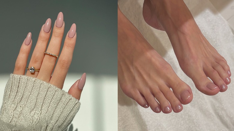 A mauve manicure pictured on the left and a mauve pedicure pictured on the right