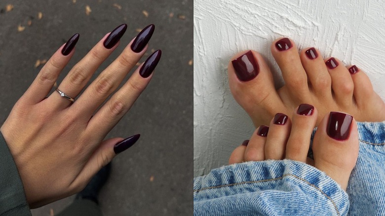 A mystic purple manicure pictured on the right and wine red pedicure pictured on the left