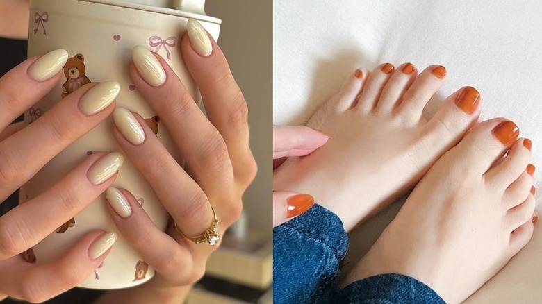 A pastel yellow manicure pictured on the left and a burnt orange pedicure pictured on the right