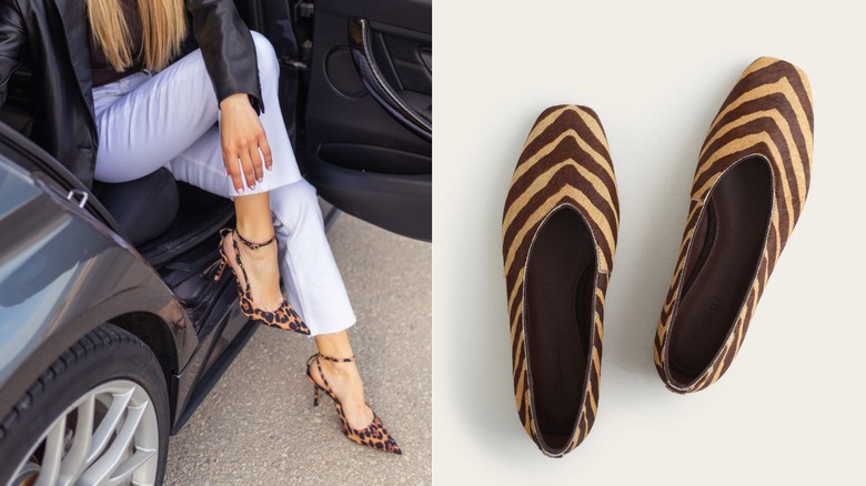 A woman wearing animal print shoes in a car on the left and a product image of zebra-print shoes on the right.