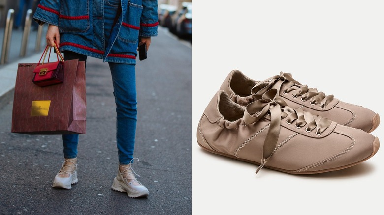 A woman wearing lace-up ballet sneakers on the left and a product image of ballet sneakers on the right.