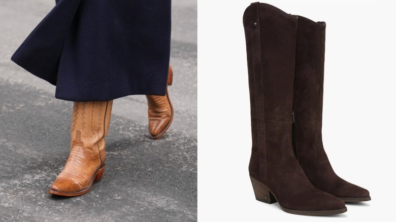 A woman wearing western-style boots on the left and a product image of a pair of brown boots on the right.