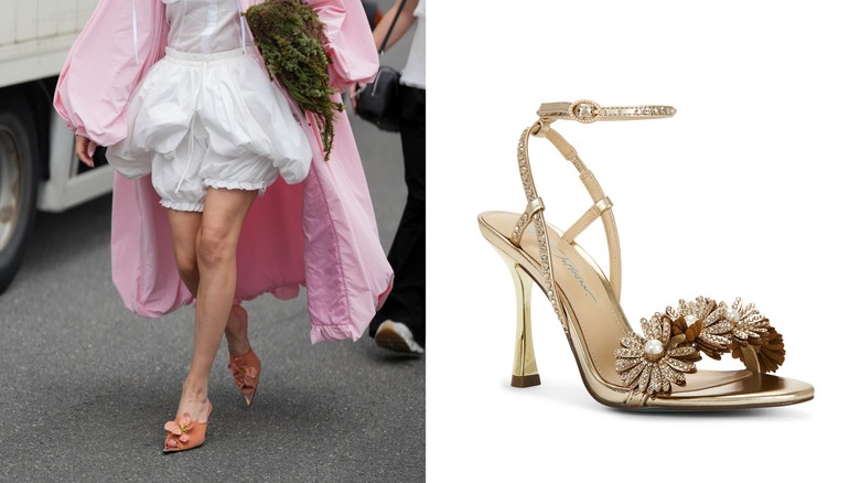 A woman wearing poofy white shorts and embellished flower high heels on the left and gold flower-embellished heels on the right.