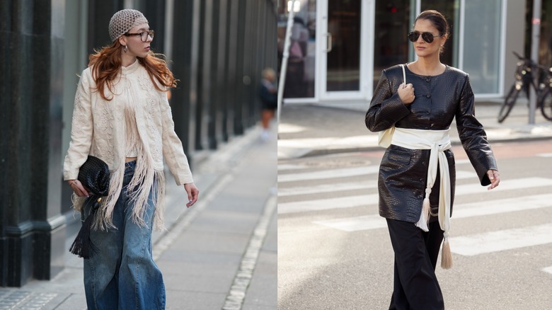 A woman wearing a white fringe scarf on the left and a woman wearing a fringe scarf belt on the right