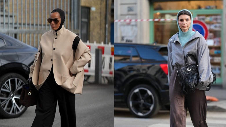 A woman with a black knitted hood on the left and a woman with a blue knitted hood on the right