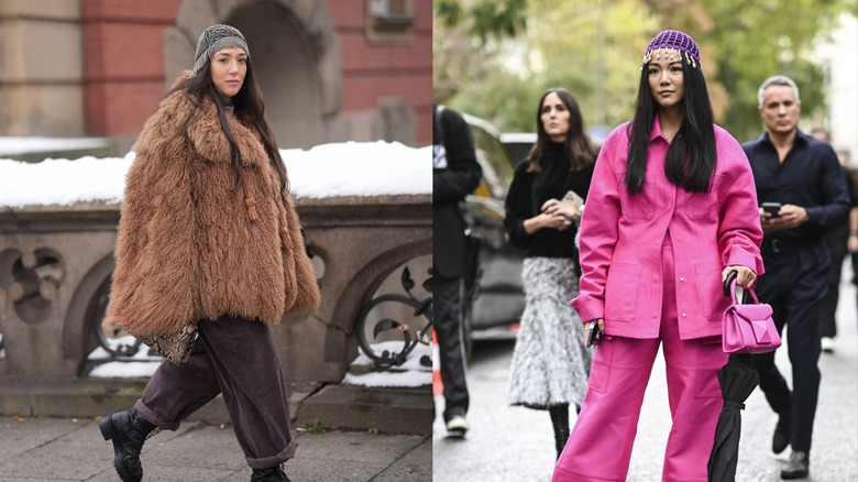 A woman in a fur coat dress and gray skullcap on the left and a woman in a purple skullcap and pink suit on the right