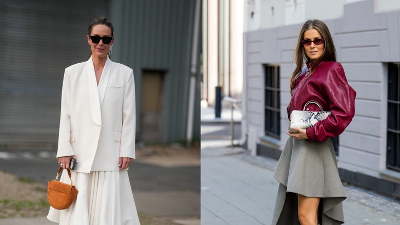 A woman with a mini purse and white outfit on the left and a women with a mini purse and red jacket on the right