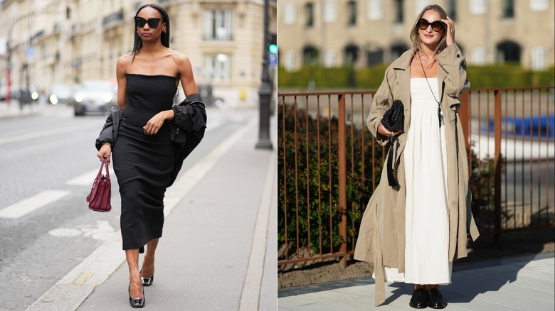 Emilie Joseph in a black strapless bodycon dress and with a jacket and burgundy bag in Paris in April 2026 / A guest wearing a white strapless maxi dress, a beige trenchcoat and loafers during Copenhagen Fashion Week in July 2026