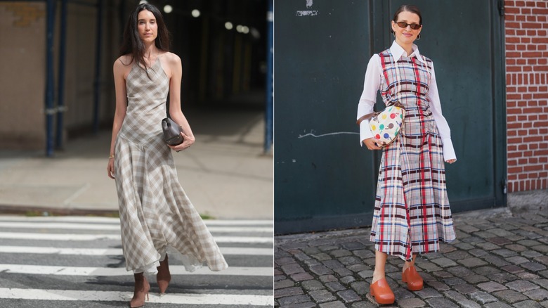 Danielle Smith wearing a beige and white plaid halter dress outside of the Kallmeyer show during New York Fashion Week in September 2025 / A guest wearing a colorful plaid dress and white button-up shirt during Copenhagen Fashion Week in August 2026
