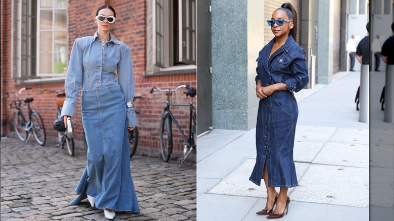 A guest wearing a light wash denim maxi dress during Copenhagen Fashion Week in August 2026 / Kara Young outside "The View" in New York City in June 2026