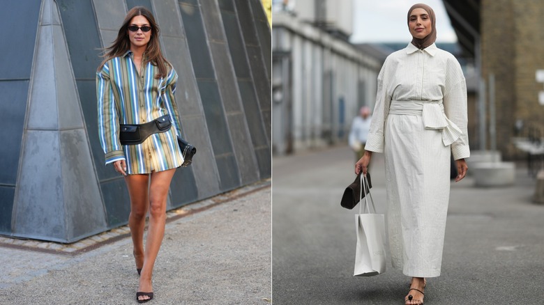 A guest in a green, blue, and white striped shirt dress during Copenhagen Fashion week in August 2026 / A guest wearing a white shirt dress with pinstripes and a brown hijab during Copenhagen Fashion Week in July 2026