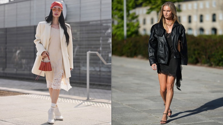 Heart Evangelista in a cream slip dress and blazer during Paris Fashion Week in March 2026 / A guest wearing a black slip dress in a black leather jacker during Copenhagen Fashion Week in July 2026