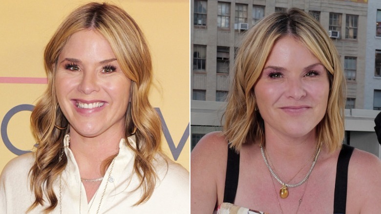 Jenna Hager Bush in May 2025 with long hair, and the next month with a bob