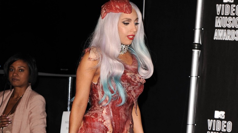 Lady Gaga wearing infamous meat dress
