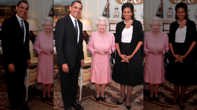 Michelle Obama and Barack Obama in 2009 with the Queen
