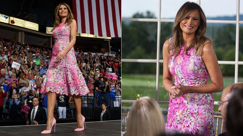 Melania Trump in a pink floral lace dress in 2017 and 2018