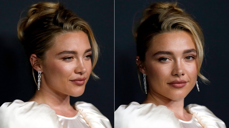 Side by side of two pictures with Florence Pugh wearing a flipped over updo