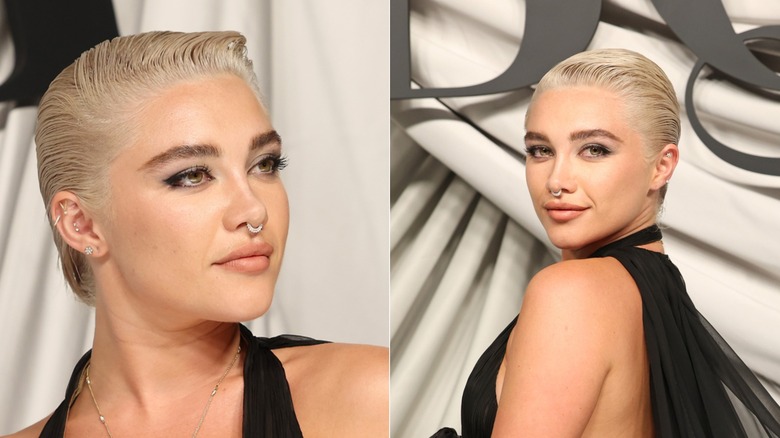 Side by side: Florence Pugh with a slicked-back pixie in two angles